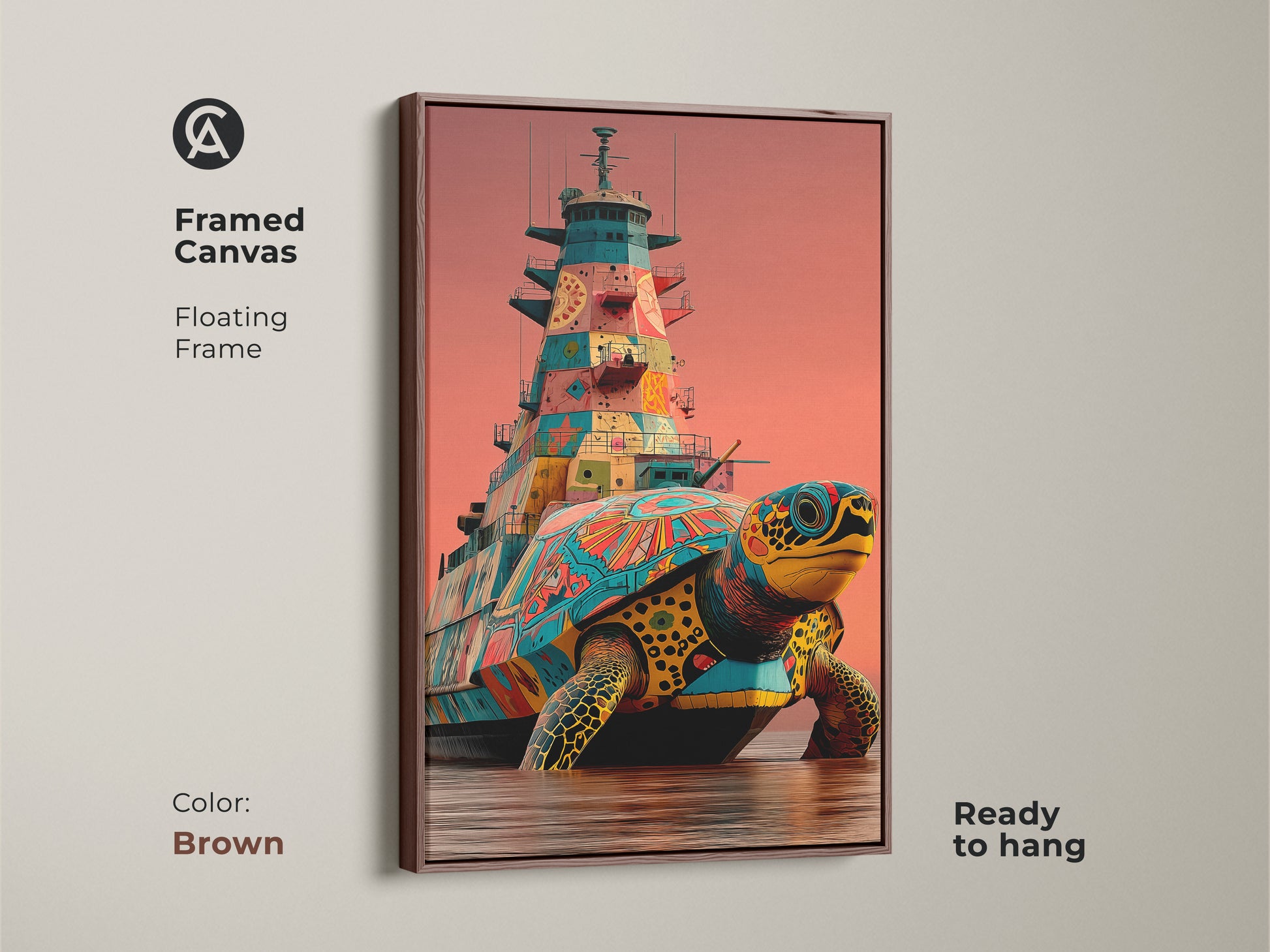 Appreciate this framed canvas showcasing a surreal turtle battleship in a brown floating frame. This fantasy animal artwork combines pop art with marine life elements. Ready to hang this piece adds eclectic charm. The canvas print is a unique statement piece for any space. The brown frame provides a warm complement to the vibrant teal orange yellow art