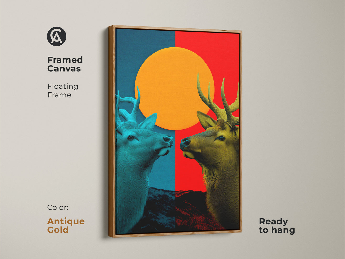 Framed canvas with brown floating frame showing Geometric Elk art. This abstract animal print is ready to hang. Orange red and blue art is perfect housewarming gift for outdoor lovers.