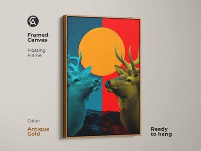 Framed canvas with brown floating frame showing Geometric Elk art. This abstract animal print is ready to hang. Orange red and blue art is perfect housewarming gift for outdoor lovers.