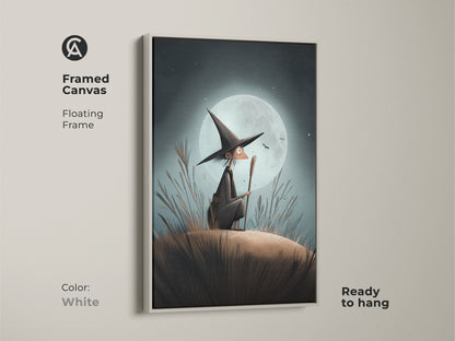 Framed canvas with a floating white frame presenting a whimsical witch art piece. This moon gazing witch wall art is set against a dark blue canvas. It offers an eclectic decor and spooky charm.