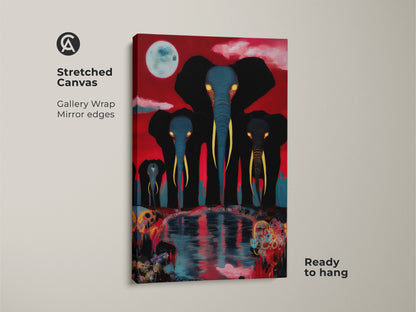 Stretched canvas art shows a surreal elephant family under the moon. This gallery-wrapped piece has mirrored edges and is ready to hang. It is a unique eclectic animal home decor with red blue and black hues.