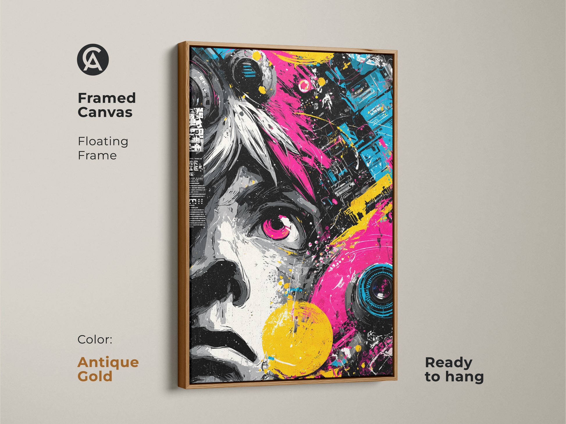 Framed canvas art with an antique gold floating frame. The abstract portrait is a vibrant wall decor choice. This ready to hang artwork brings elegance to any space. The bright pink and yellow accents create a focal point. Shop now for modern art.