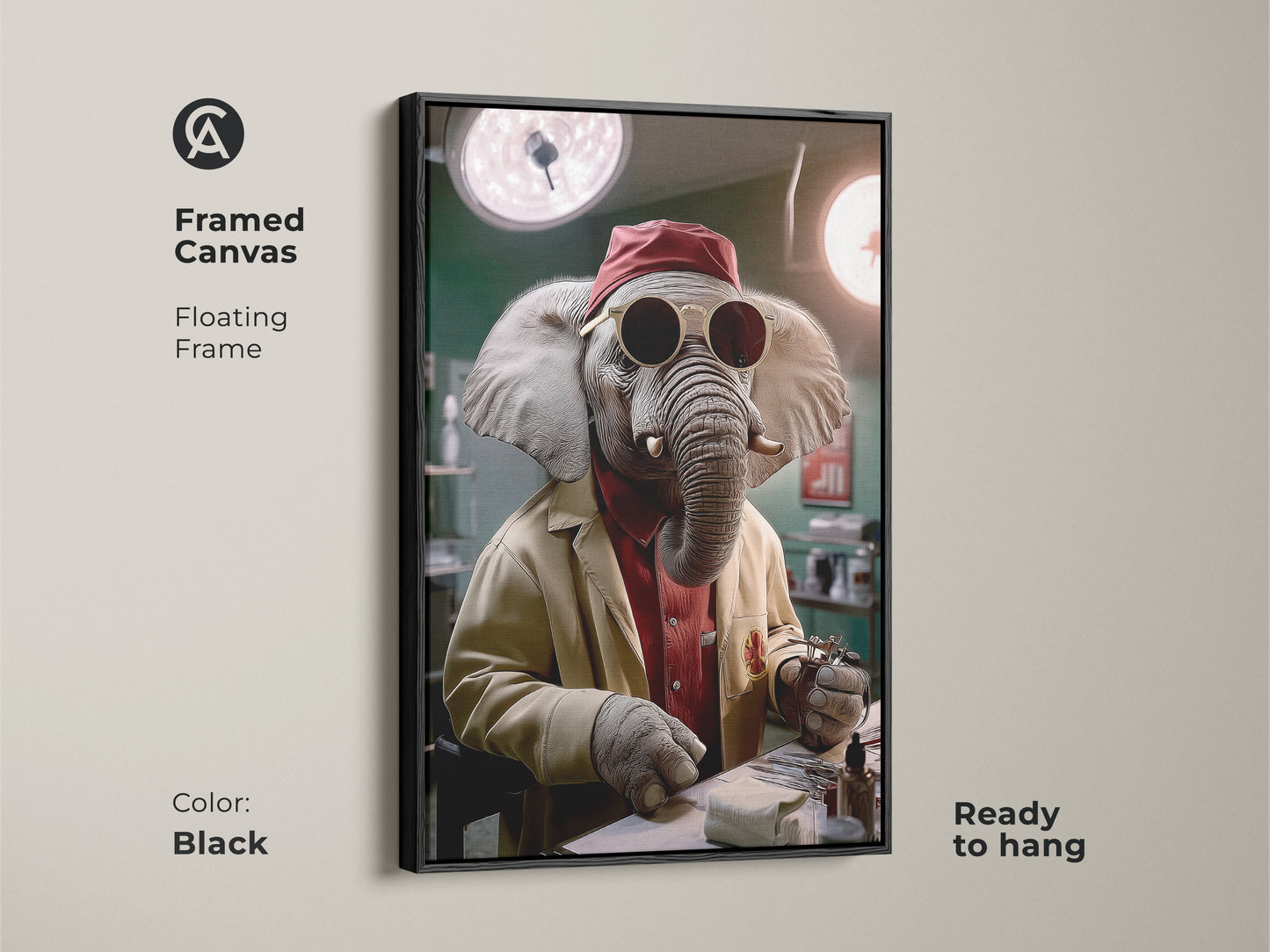 Framed canvas featuring surreal elephant doctor art. The floating frame comes in black. This animal doctor canvas print is ready to hang. It's funny medical office decor and a unique animal portrait art. The artwork includes surgical tools making it an eclectic art gift for doctors or surgeons.