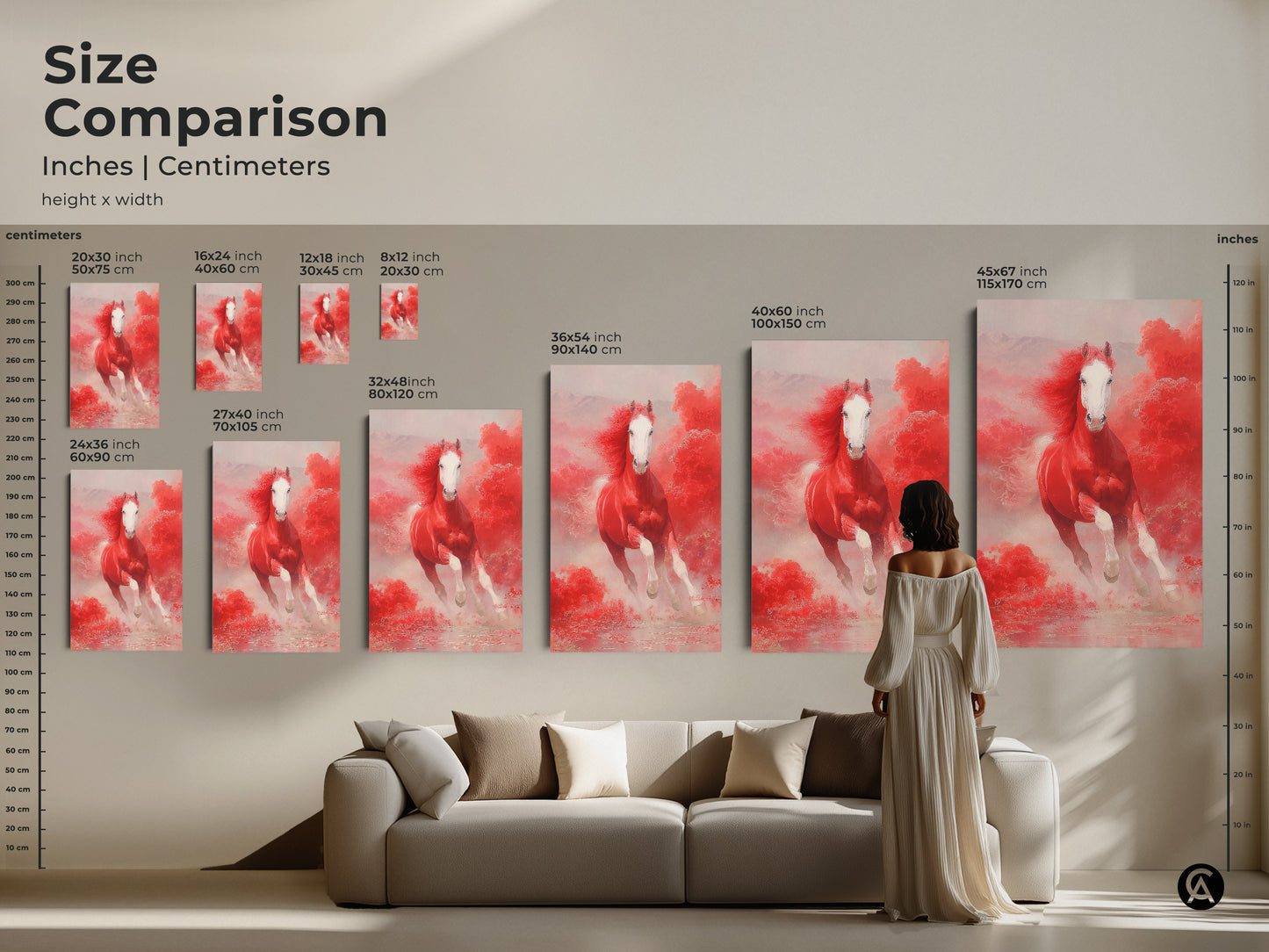 Size comparison of red horse art prints. See how the artwork looks in different sizes. Choose from small medium and large options. The red and pink clouds canvas will enhance any room. It's an ideal horse lover gift.