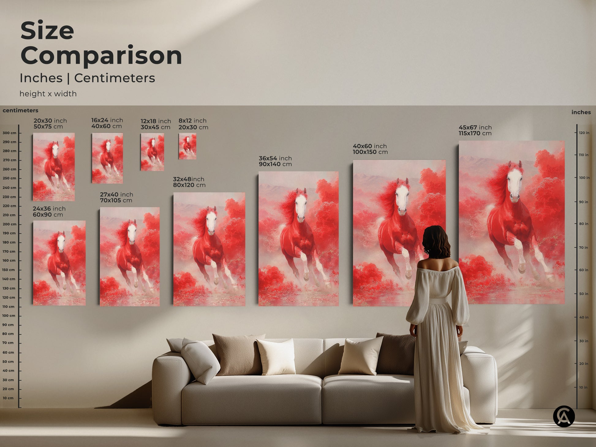 Size comparison of red horse art prints. See how the artwork looks in different sizes. Choose from small medium and large options. The red and pink clouds canvas will enhance any room. It's an ideal horse lover gift.