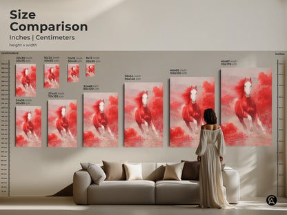 Size comparison of red horse art prints. See how the artwork looks in different sizes. Choose from small medium and large options. The red and pink clouds canvas will enhance any room. It's an ideal horse lover gift.