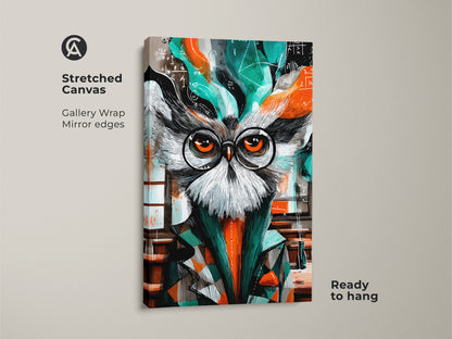 This stretched canvas features an abstract owl. It has glasses set against mathematical formulas. Orange and teal colors give it a unique intellectual feel. As ready-to-hang wall decor it's perfect as a professor gift or to add academic charm to any room.