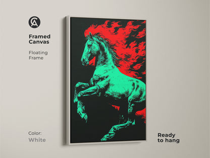 Framed canvas print of a pop art horse with green body and red flames. White floating frame gives a clean modern look. Perfect as study room wall decor or office workspace art. A unique horse lover gift.