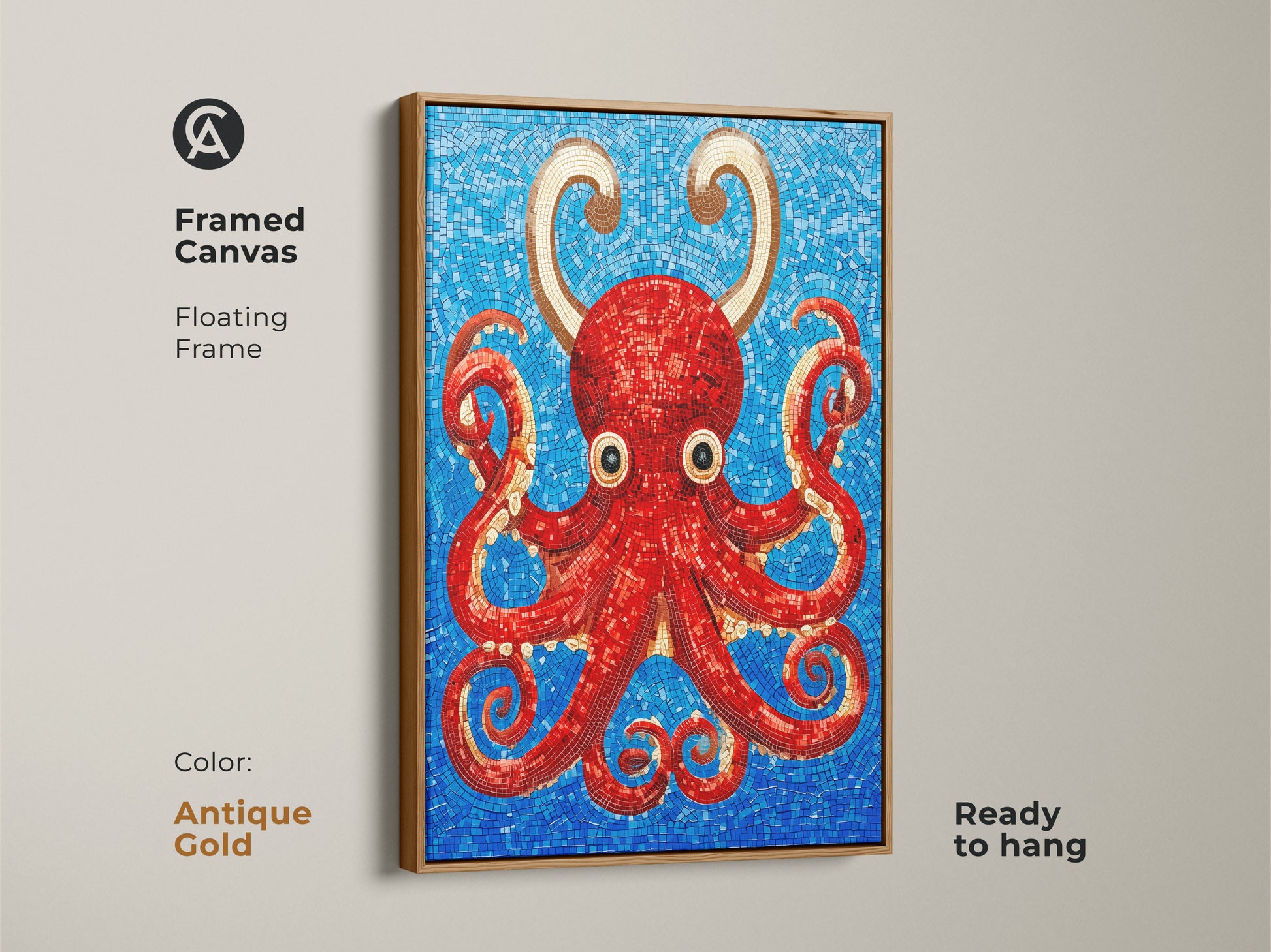 Red octopus mosaic art in an antique gold floating frame. This framed canvas features a vibrant red octopus with gold accents on a blue mosaic background. The abstract marine life theme adds an eclectic touch to any room. Perfect for housewarming or as a unique addition to your home decor. Ready to hang and admire.