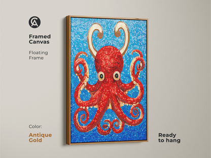 Red octopus mosaic art in an antique gold floating frame. This framed canvas features a vibrant red octopus with gold accents on a blue mosaic background. The abstract marine life theme adds an eclectic touch to any room. Perfect for housewarming or as a unique addition to your home decor. Ready to hang and admire.