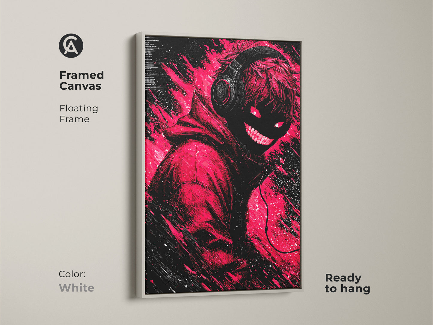 Framed canvas artwork in white featuring a modern illustration. The artwork has a figure with headphones and glowing red eyes. Ready to hang this floating frame adds art to your home wall decor collection.