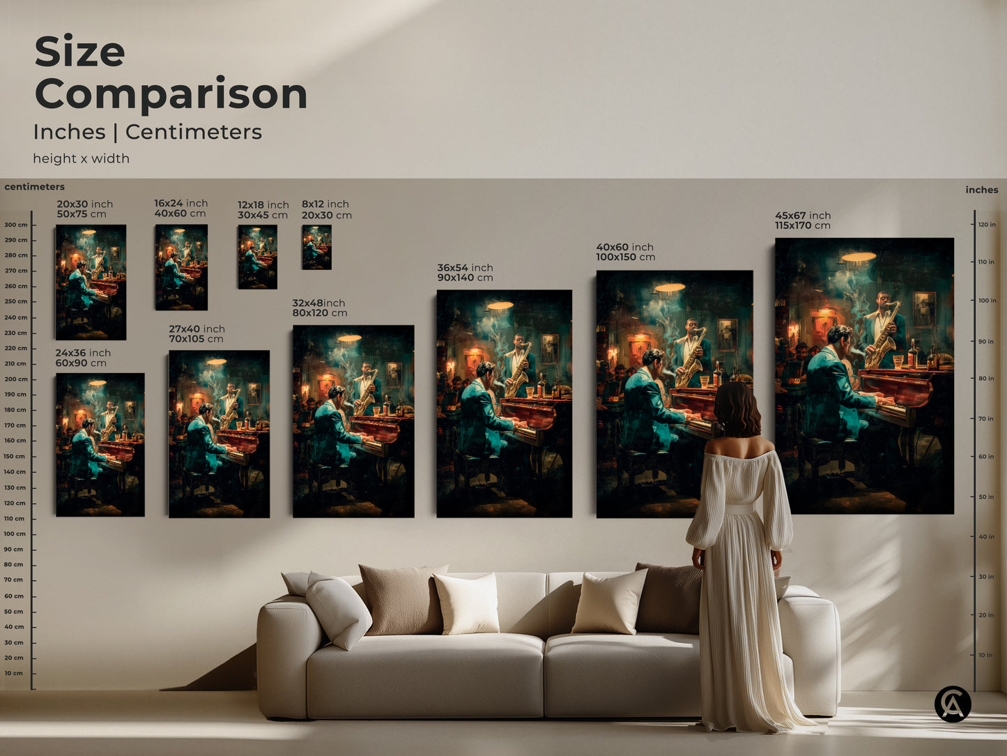 See the size comparison of our jazz club artwork in inches & centimeters. This artwork shows a pianist & saxophonist. Compare different sizes to find the perfect fit for your wall or space. Available in various dimensions to suit your needs.