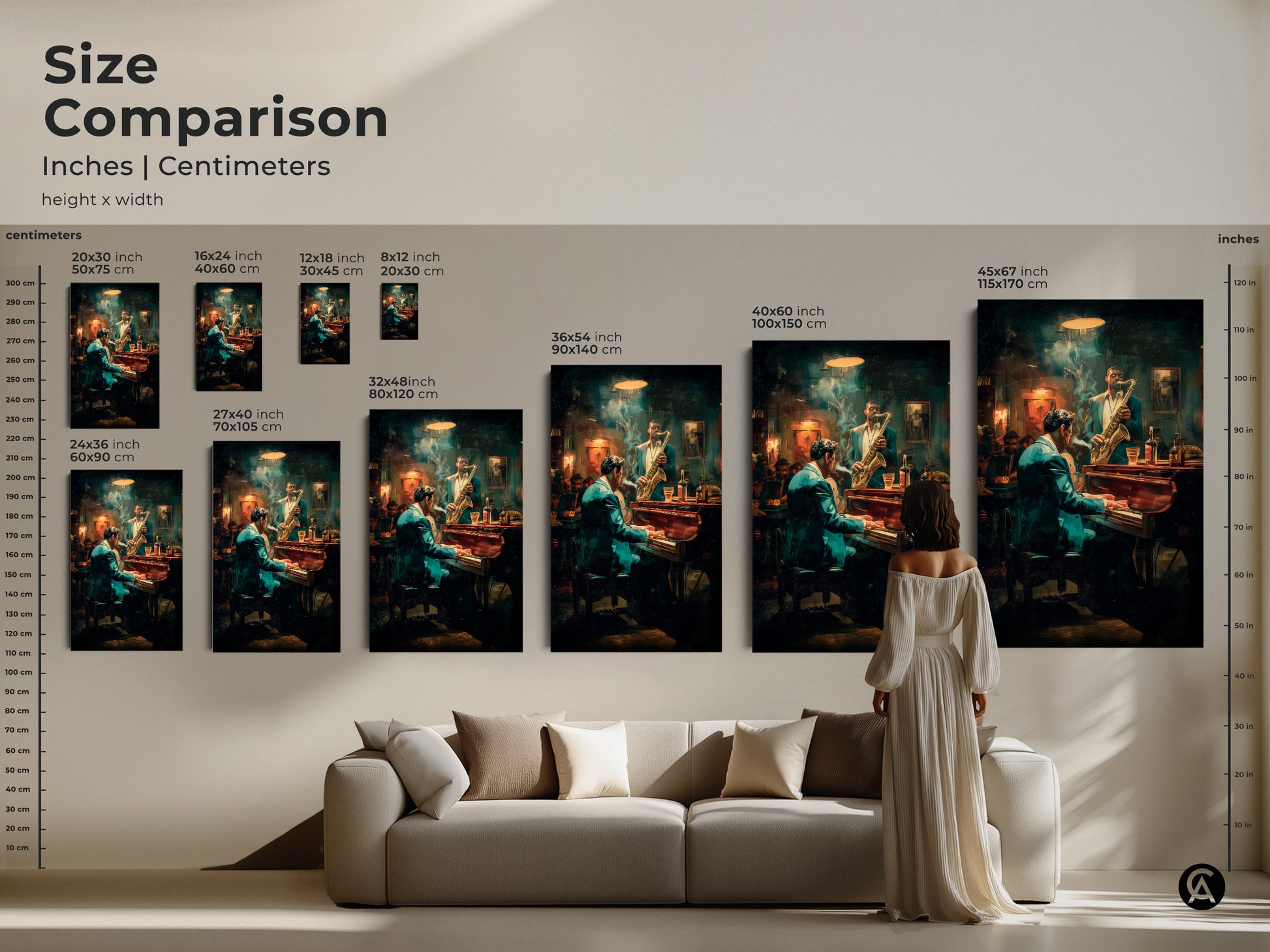 See the size comparison of our jazz club artwork in inches & centimeters. This artwork shows a pianist & saxophonist. Compare different sizes to find the perfect fit for your wall or space. Available in various dimensions to suit your needs.