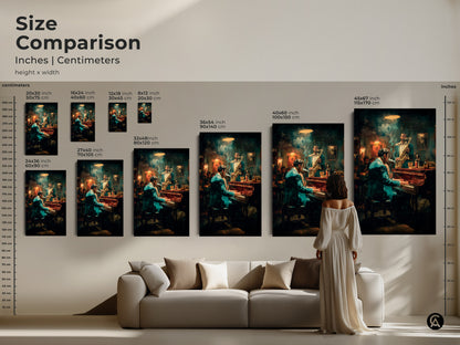 See the size comparison of our jazz club artwork in inches & centimeters. This artwork shows a pianist & saxophonist. Compare different sizes to find the perfect fit for your wall or space. Available in various dimensions to suit your needs.