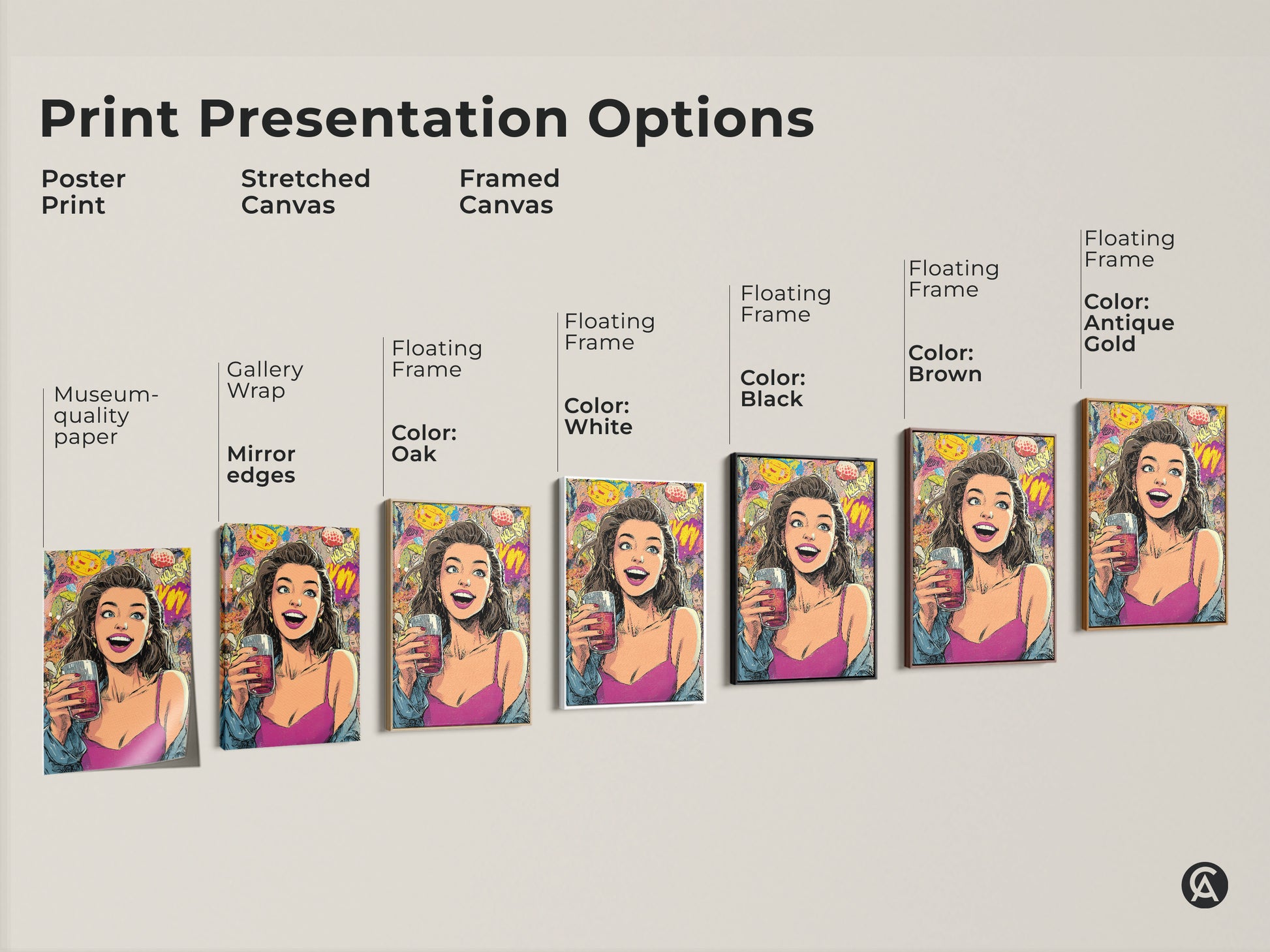 Print presentation options for pop art woman artwork. Poster print stretched canvas and framed canvas in museum quality paper. Gallery wrap and mirror edges with floating frames in black white brown and antique gold colors