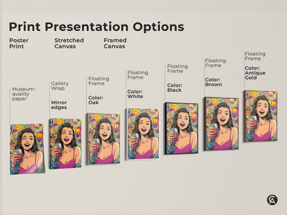 Print presentation options for pop art woman artwork. Poster print stretched canvas and framed canvas in museum quality paper. Gallery wrap and mirror edges with floating frames in black white brown and antique gold colors