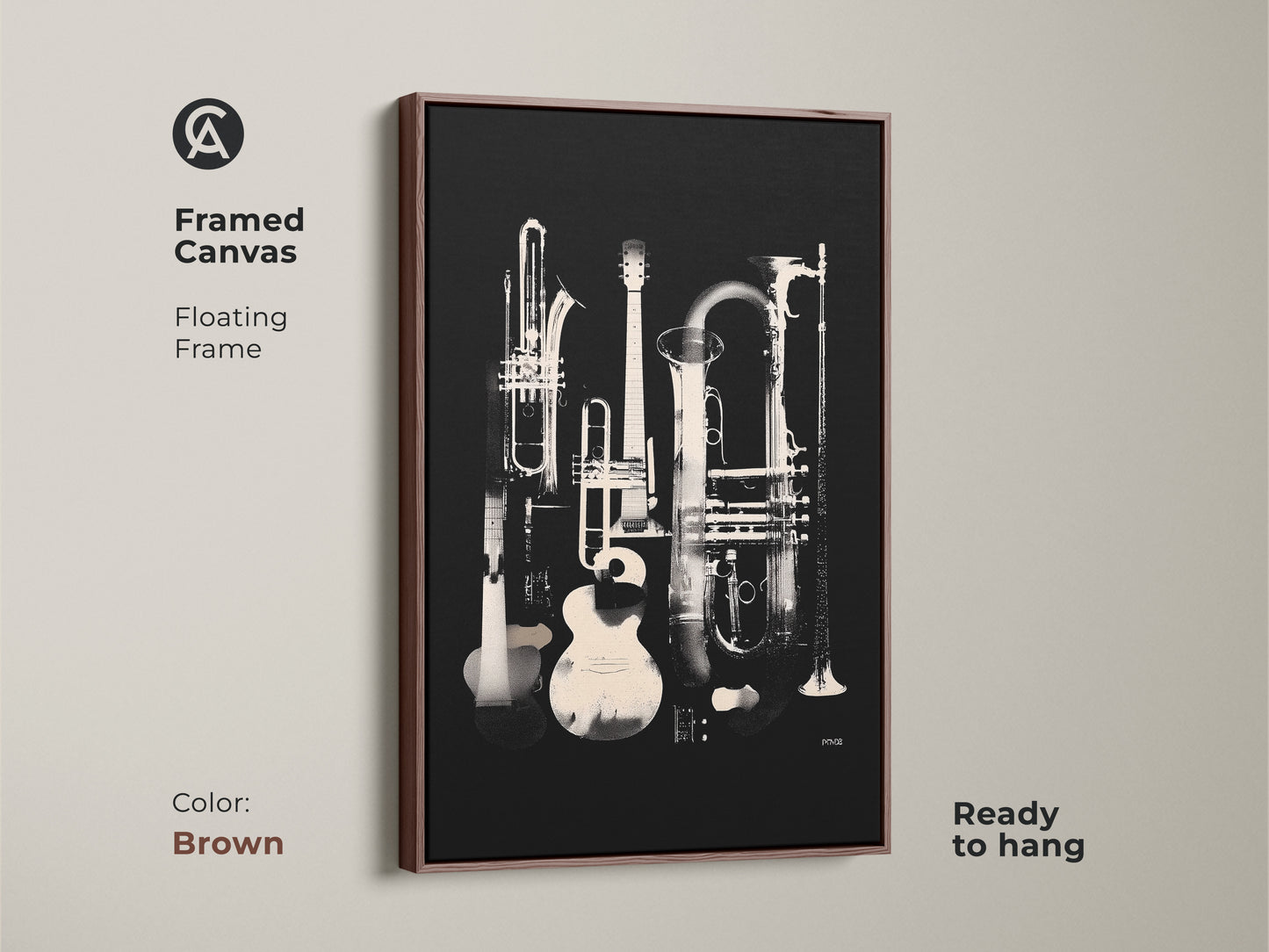 Brown framed canvas print of musical instruments. The artwork includes a guitar trumpet tuba and clarinet. The instruments are arranged in a still life composition. Ready to hang this piece adds a touch of musical elegance to your home decor.