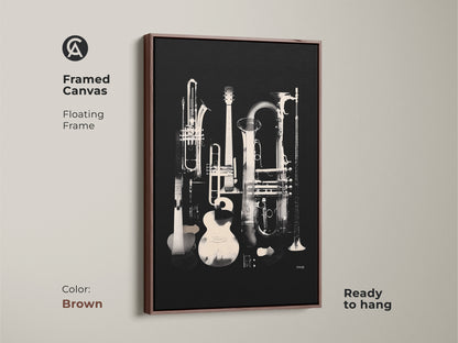 Brown framed canvas print of musical instruments. The artwork includes a guitar trumpet tuba and clarinet. The instruments are arranged in a still life composition. Ready to hang this piece adds a touch of musical elegance to your home decor.