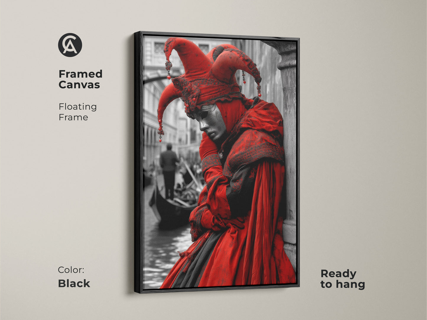 Black framed canvas art presents a Venetian jester. The Venice artwork is ready to hang. Add this Italian art piece to your collection. The floating frame enhances the jester artwork.