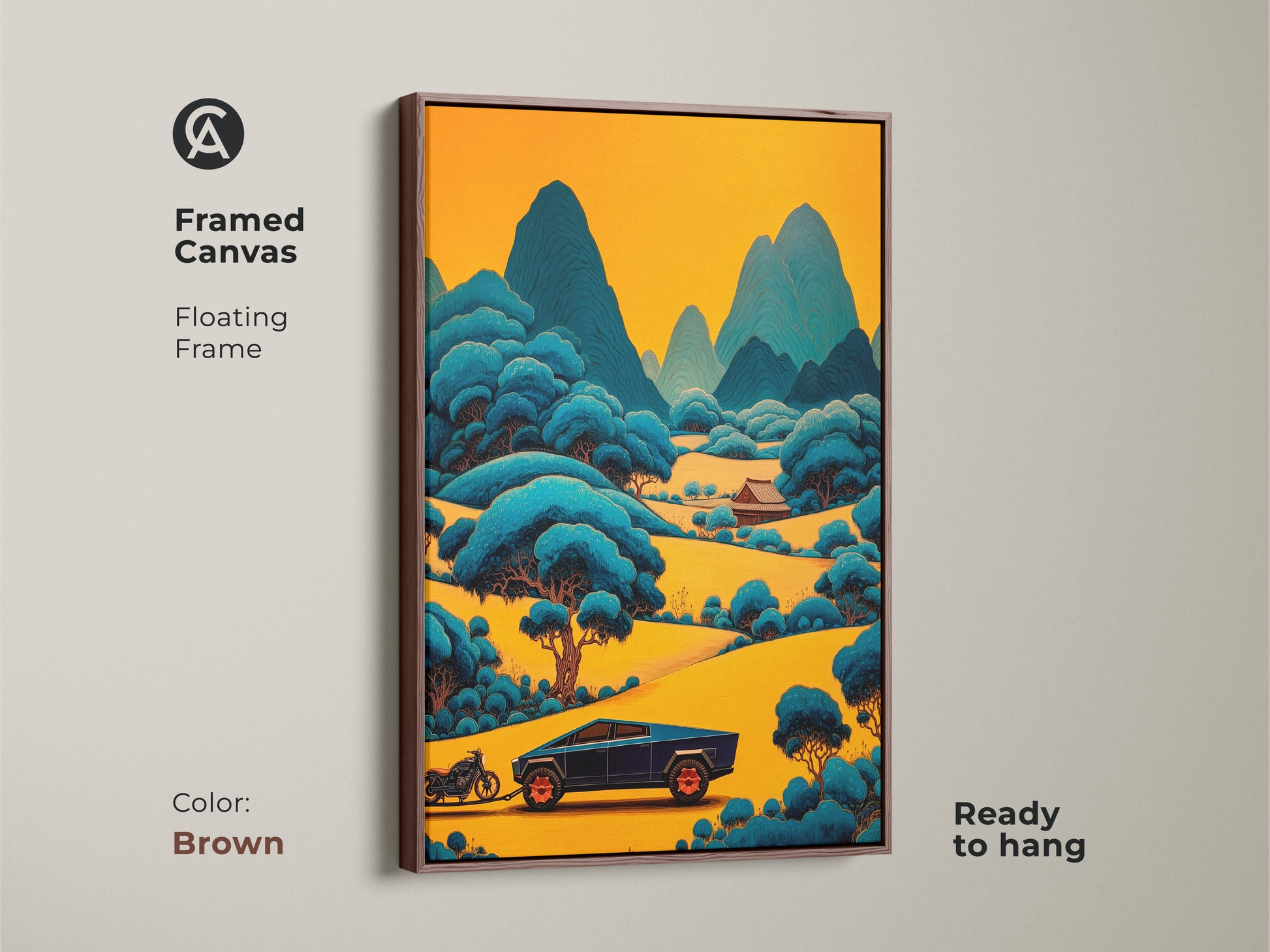 Framed canvas in brown displays a stylized mountain road canvas art. This yellow and blue landscape is ready to hang. It's a modern and eclectic wall decor piece. Perfect car enthusiast gift adding an artistic flair to any room.