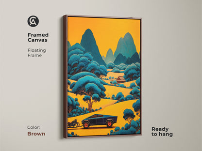 Framed canvas in brown displays a stylized mountain road canvas art. This yellow and blue landscape is ready to hang. It's a modern and eclectic wall decor piece. Perfect car enthusiast gift adding an artistic flair to any room.