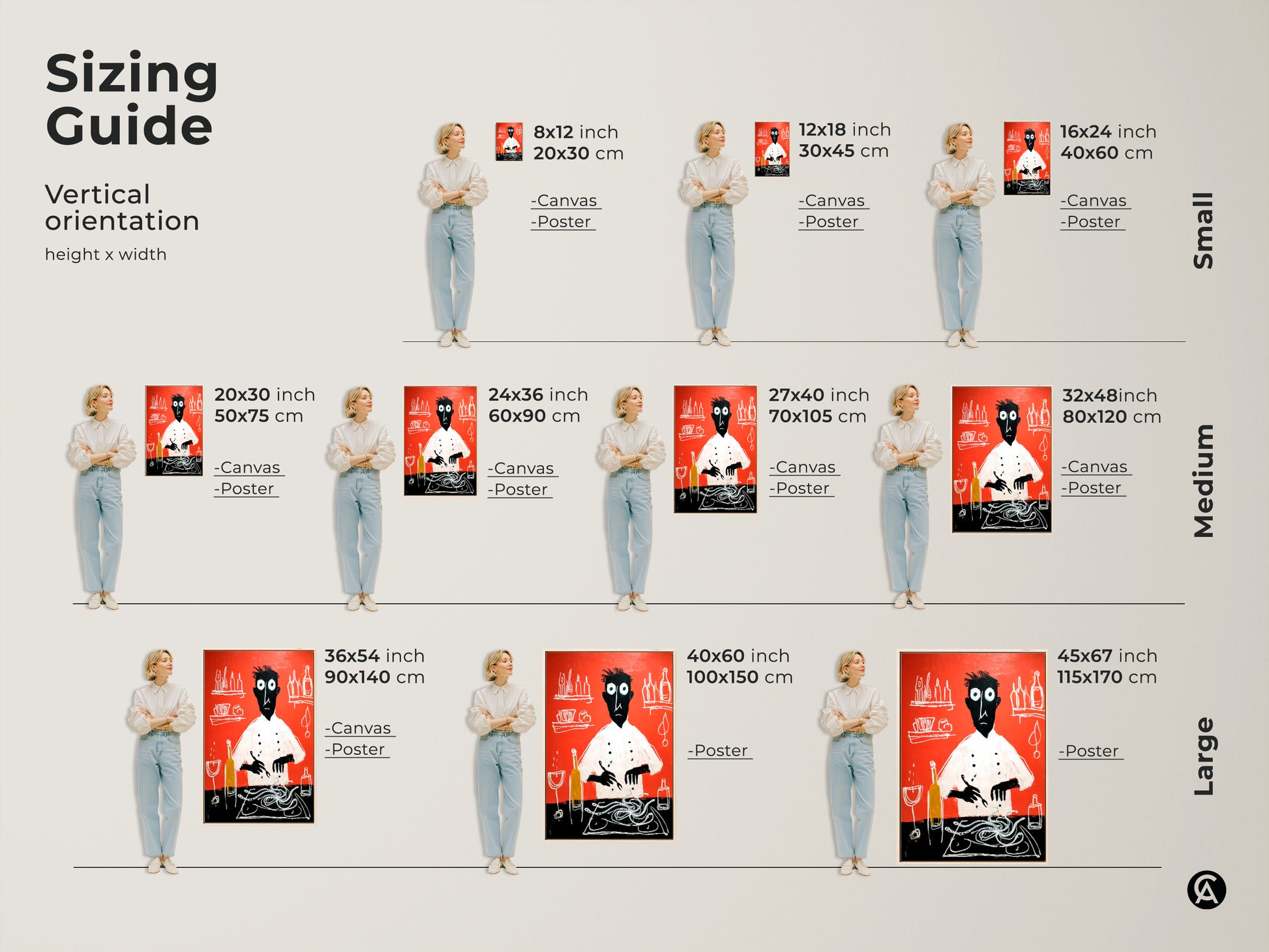 Sizing guide showcasing the chef with spaghetti canvas and poster print. Available in small medium and large sizes. The red kitchen wall art complements any eclectic home decor. Perfect for chefs and home cooks adding modern folk wall hangings to kitchens or dining spaces.