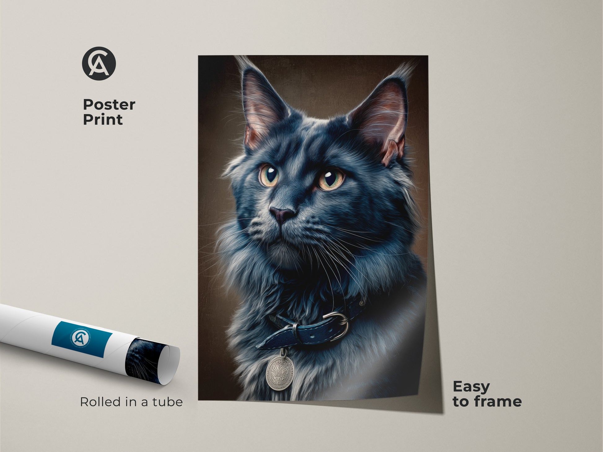 A poster print shows a dark gray Maine Coon cat. The realistic feline portrait is easy to frame and display. This animal wall decor is an ideal gift for a cat mom. The fine art cat print is perfect for adding a modern touch to any space.