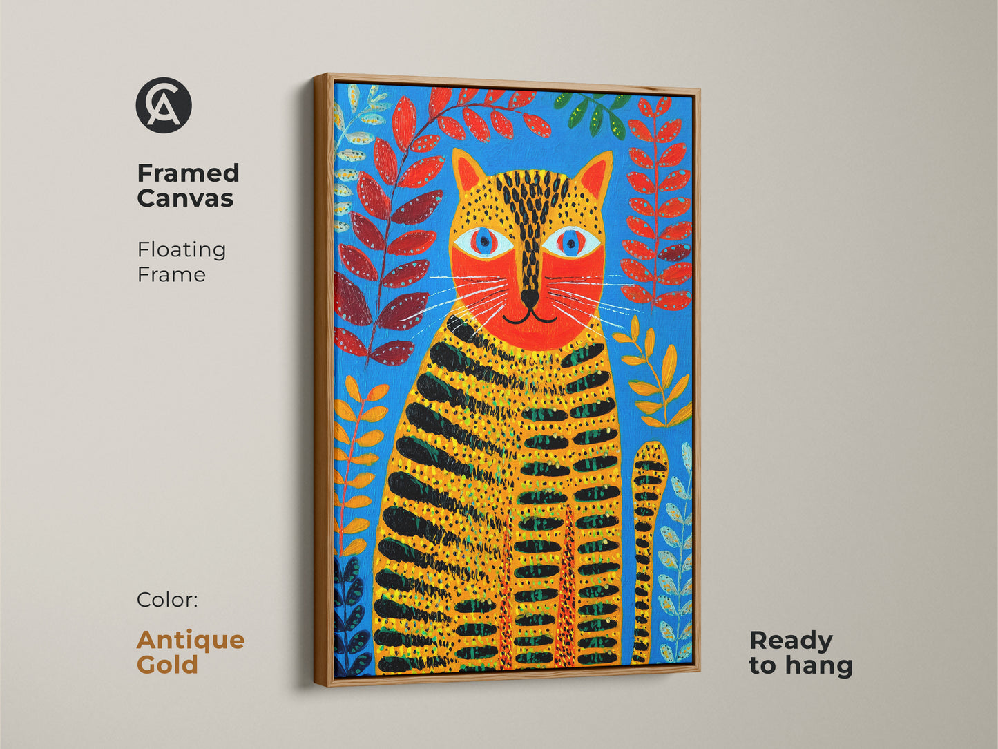 Framed canvas with an antique gold floating frame is ready to hang. This folk art tiger cat includes blue orange and red botanical elements. It's perfect animal art for the home.