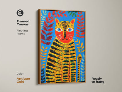 Framed canvas with an antique gold floating frame is ready to hang. This folk art tiger cat includes blue orange and red botanical elements. It's perfect animal art for the home.
