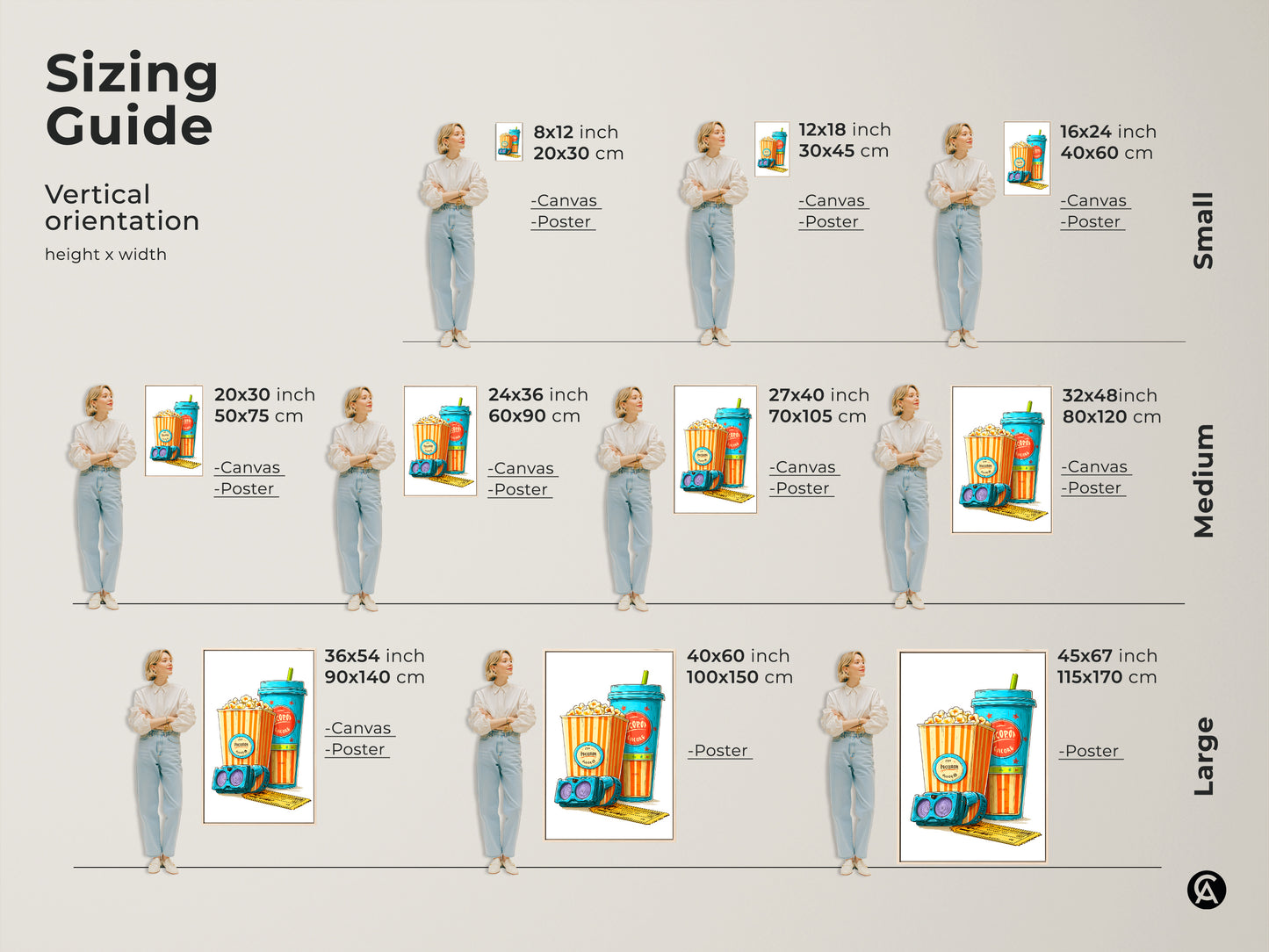 Sizing guide showcasing vertical cinema art prints available as canvas or posters. See how retro popcorn soda and 3D glasses art fits different spaces offering eclectic home theater decor options in teal orange and yellow.