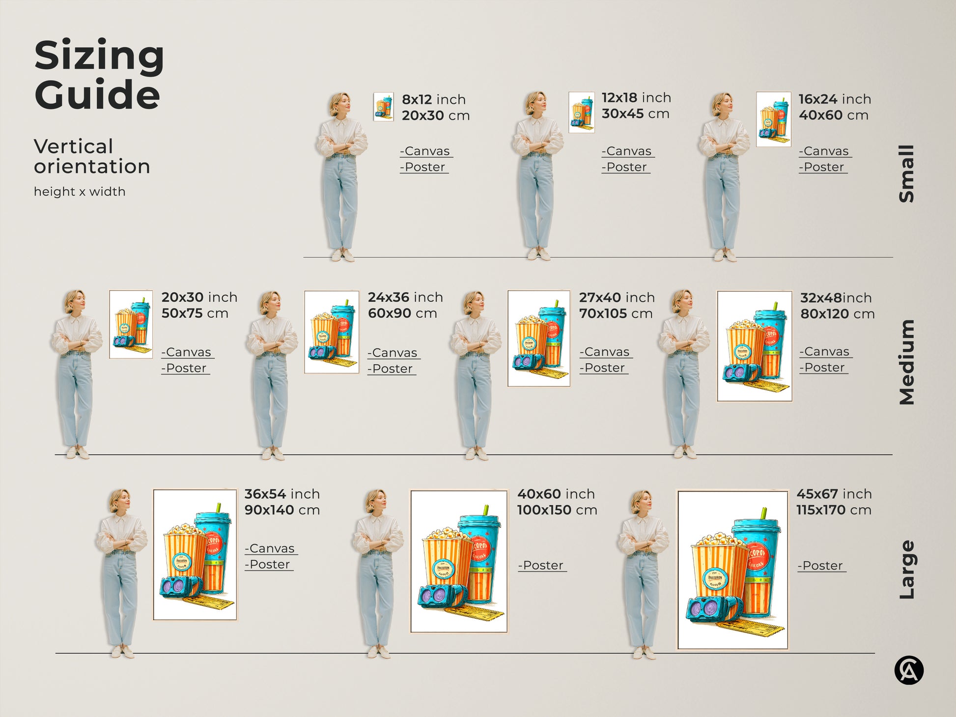 Sizing guide showcasing vertical cinema art prints available as canvas or posters. See how retro popcorn soda and 3D glasses art fits different spaces offering eclectic home theater decor options in teal orange and yellow.