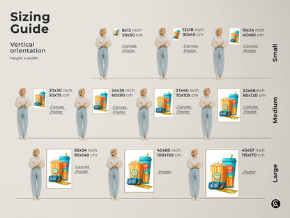 Sizing guide showcasing vertical cinema art prints available as canvas or posters. See how retro popcorn soda and 3D glasses art fits different spaces offering eclectic home theater decor options in teal orange and yellow.