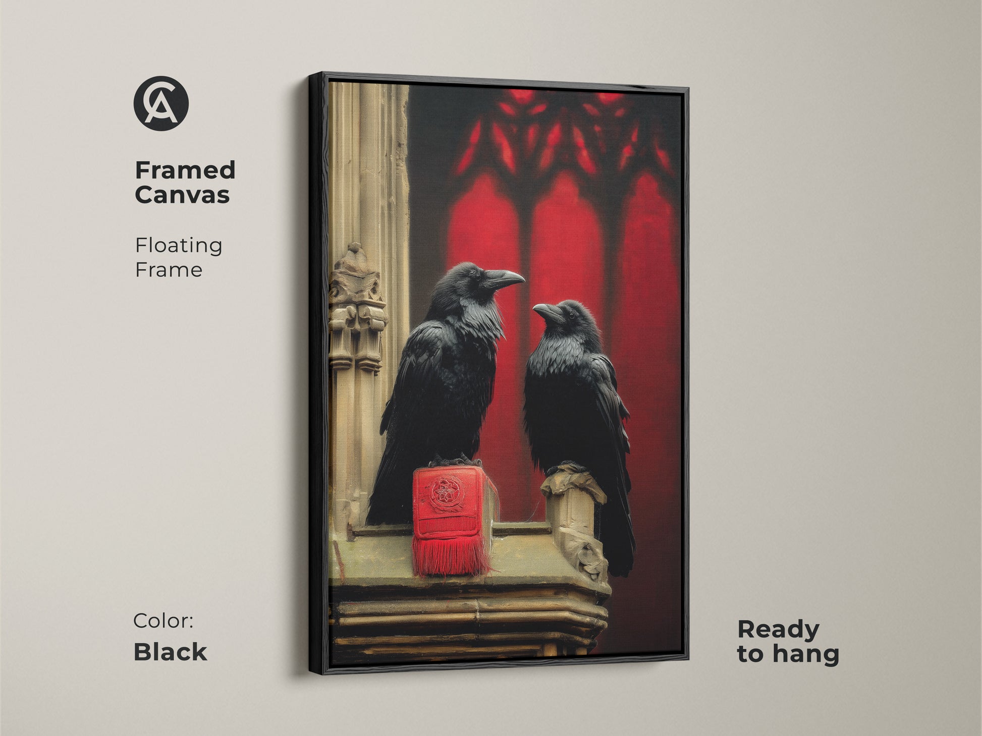 Framed Canvas of Gothic Arch Raven. The black floating frame accentuates the dark academia canvas print. This bird wall hanging is ready to hang making gothic study room decor easier