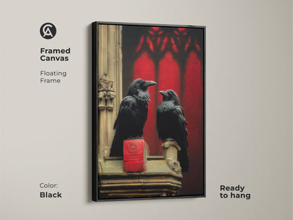 Framed Canvas of Gothic Arch Raven. The black floating frame accentuates the dark academia canvas print. This bird wall hanging is ready to hang making gothic study room decor easier