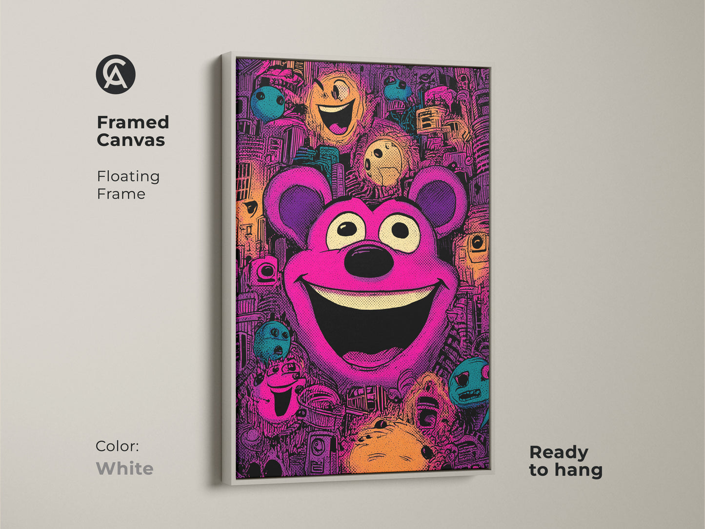 Framed canvas art print featuring a cheerful teddy bear in a pop art style. The white floating frame enhances the artwork. This colorful framed art is ready to hang bringing a playful vibe to your wall decor.