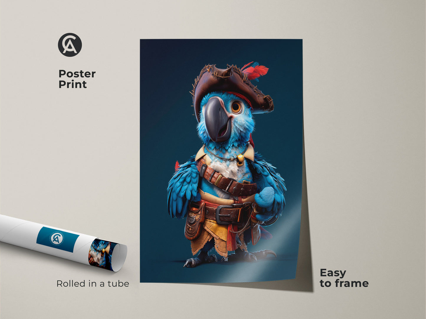 Poster print of a cartoon pirate parrot rolled in a tube. The blue macaw art is easy to frame. Fun animal artwork for a kids room. An adventurous birthday gift for a child.