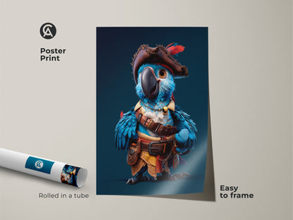 Poster print of a cartoon pirate parrot rolled in a tube. The blue macaw art is easy to frame. Fun animal artwork for a kids room. An adventurous birthday gift for a child.