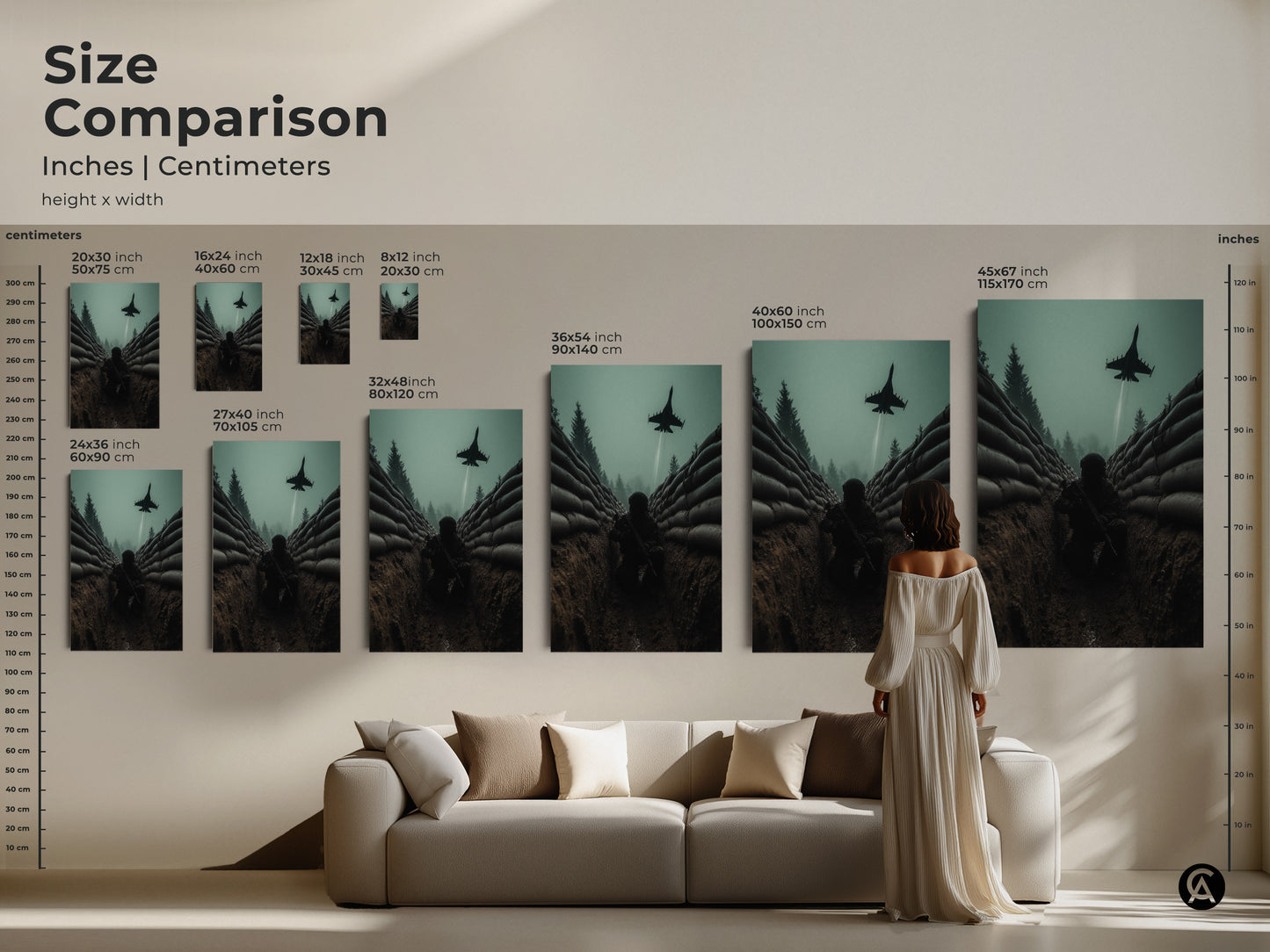Size comparison of military trench warfare artwork. See how the soldier in trench art looks in different dimensions. Sizes range from small to large. A fighter jet flies above in the scene. Perfect statement art for any room.