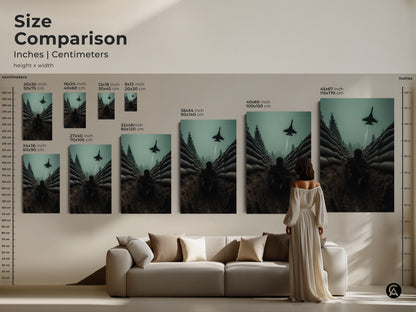 Size comparison of military trench warfare artwork. See how the soldier in trench art looks in different dimensions. Sizes range from small to large. A fighter jet flies above in the scene. Perfect statement art for any room.