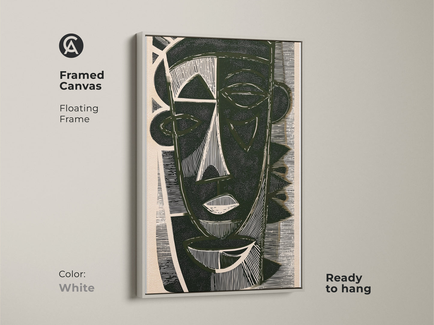 Framed canvas featuring dark green abstract art with a floating white frame. This minimalist portrait wall art is ready to hang. Perfect as eclectic wall decor adding a contemporary touch.