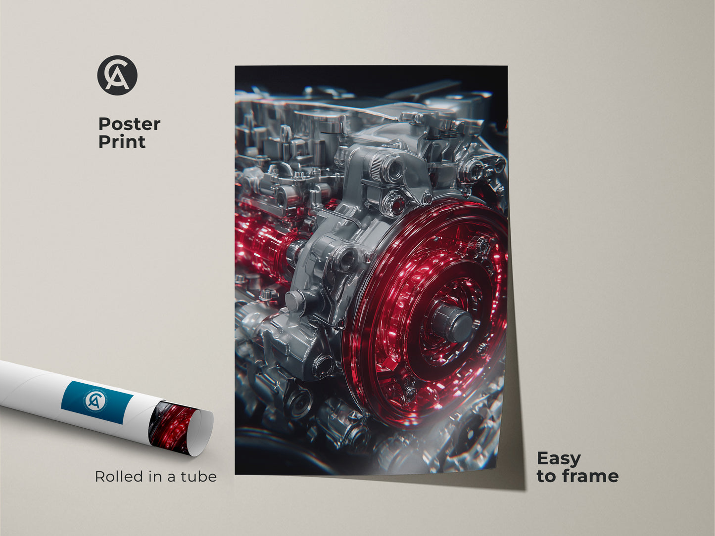 Poster print of an Automotive Engine. Rolled in a tube and easy to frame. This industrial machinery artwork features red and silver gears. Great car enthusiast gift for tech offices.