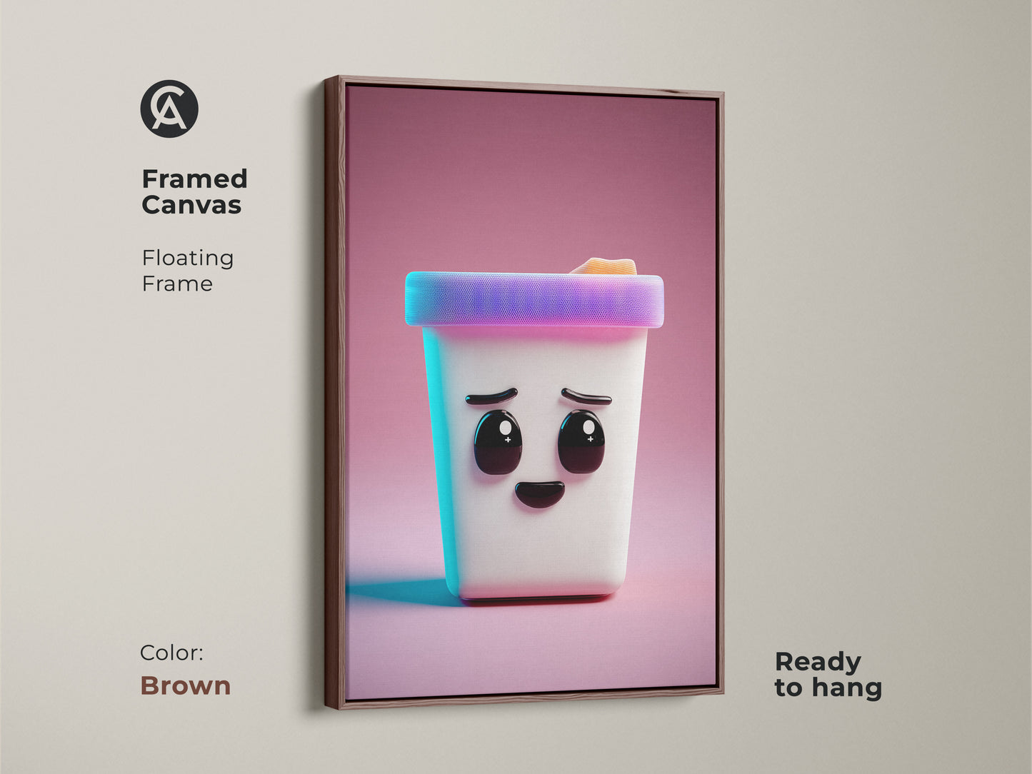 This framed canvas art print features a cute Kawaii ice cream cone. This kids' wall art piece is rendered in a modern abstract style. The brown floating frame is ready to hang and makes a unique birthday gift.