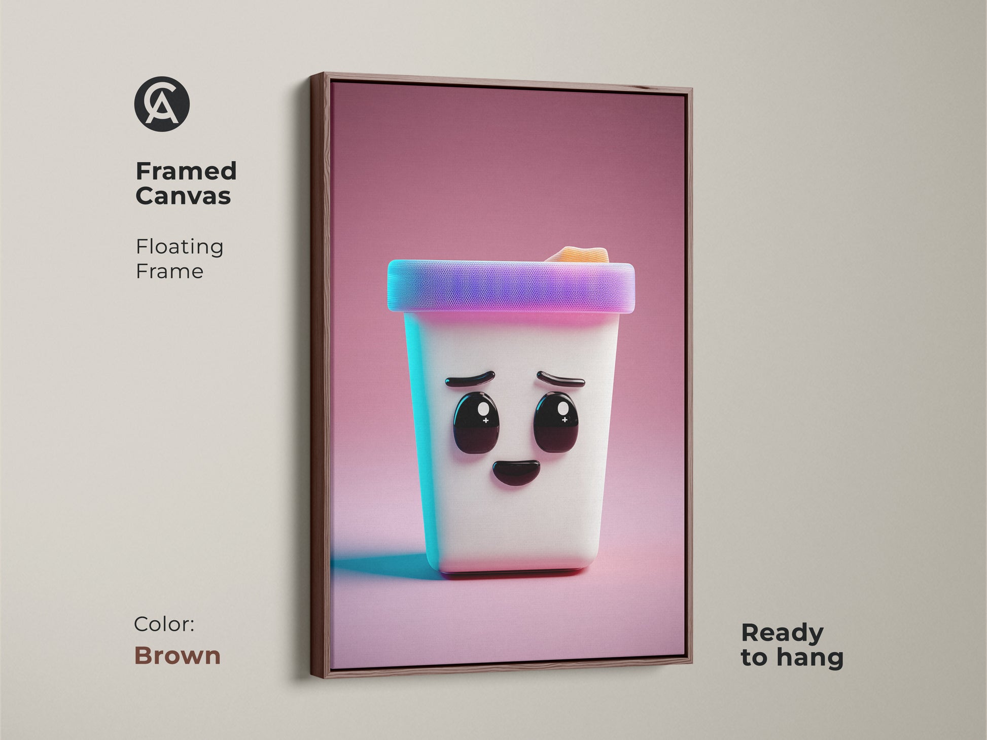 This framed canvas art print features a cute Kawaii ice cream cone. This kids' wall art piece is rendered in a modern abstract style. The brown floating frame is ready to hang and makes a unique birthday gift.