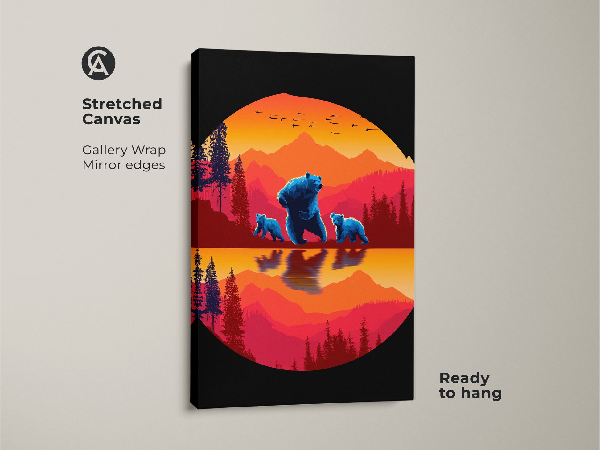 Stretched canvas of the Blue Bear Family art print. The retro mountain landscape canvas has gallery wrap mirror edges. Ready to hang wildlife animal canvas art. Its the perfect housewarming gift.