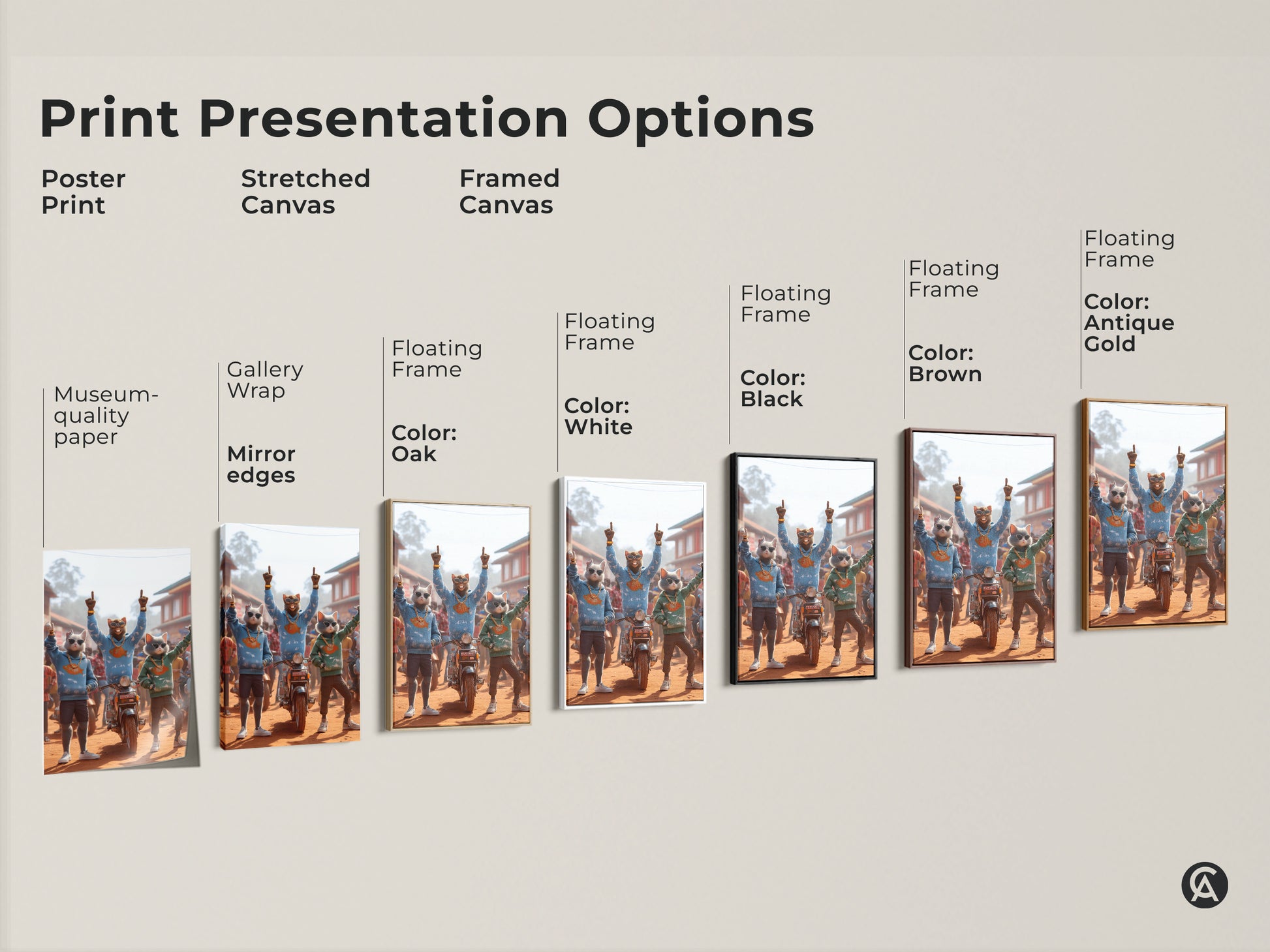 Explore print presentation options for this unique cat art. Choose from poster prints stretched canvas and framed canvas. Options include gallery wrap mirror edges and floating frames. Customize your art to match your style and space.