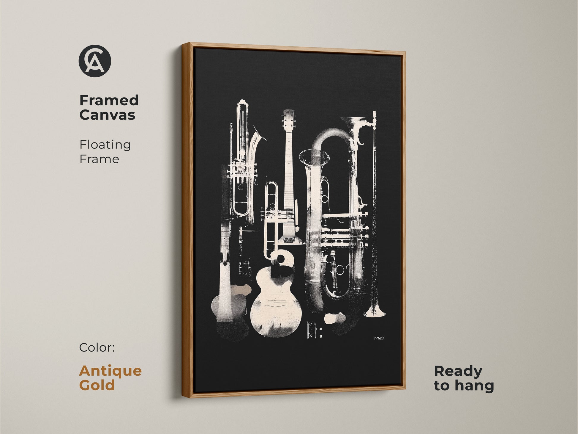 Antique gold framed canvas art of musical instruments. The art features a guitar trumpet tuba and clarinet. The instruments are arranged in a still life composition. This framed canvas is ready to hang. Enhance your decor with this beautiful music inspired piece.