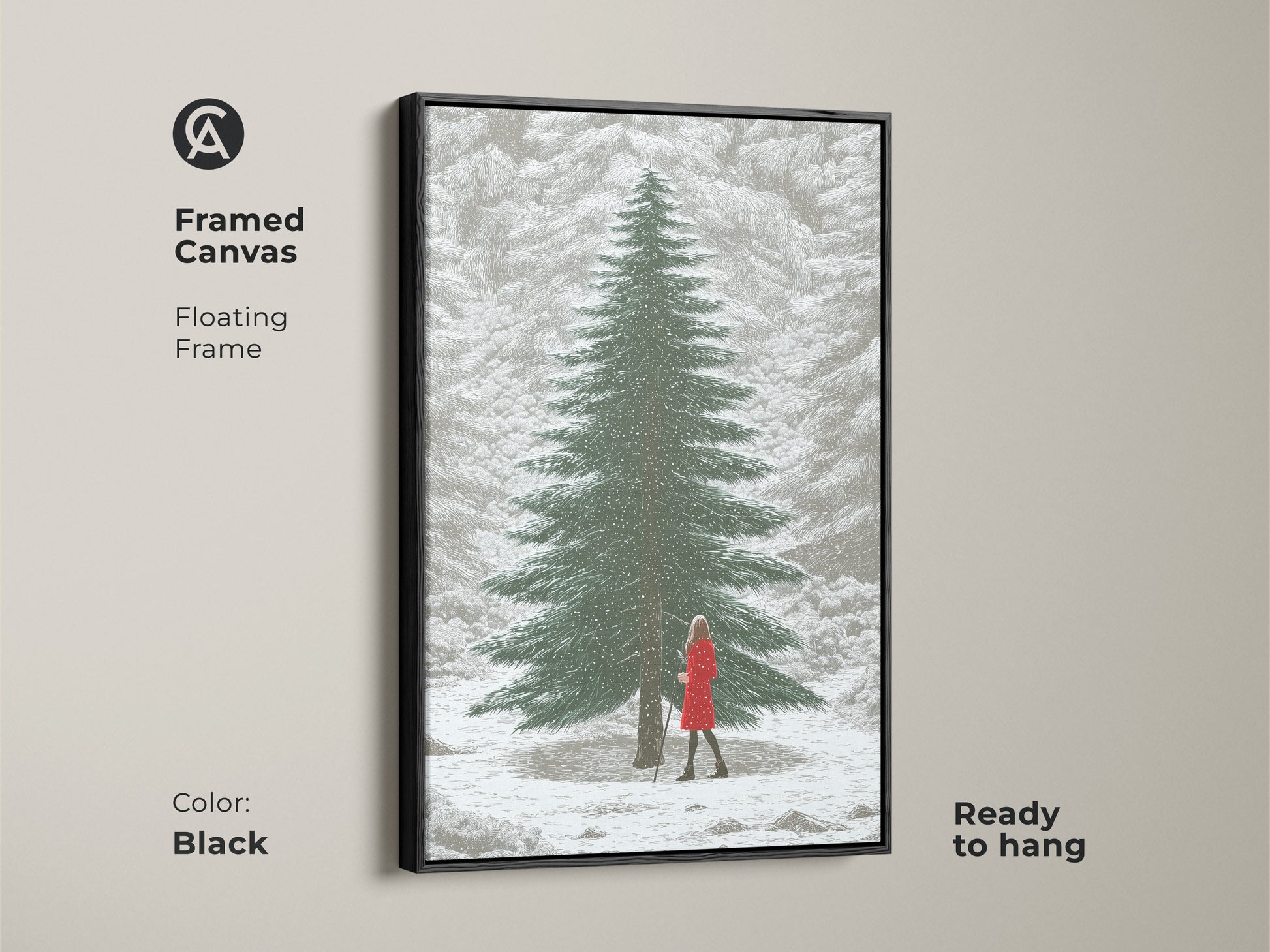 Framed canvas with a black floating frame displaying a winter forest scene. This snowy landscape artwork features a woman in red. Ready to hang Scandinavian home decor art.