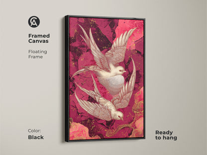 Framed canvas print of crimson and pink swallow art in a black floating frame. Ready to hang. This art nouveau bird wall art is a luxurious addition to your living room. An artistic bird painting for animal lovers.