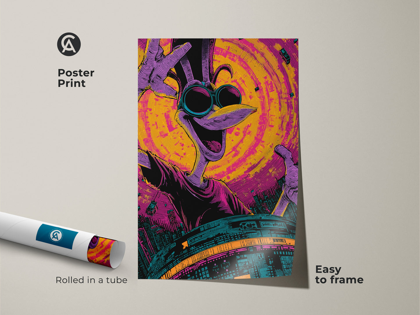 A museum-quality poster print featuring a cartoon bird character with sunglasses. The artwork is rolled in a tube for easy framing. The print boasts vivid colors like purple yellow and teal. It is an excellent choice for adding a touch of whimsy to your home decor.