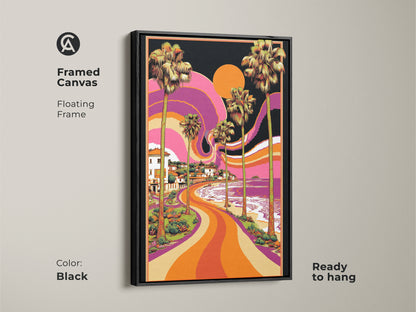 Framed canvas art featuring psychedelic coastal artwork. Orange purple yellow decor offers vibrant palm trees and a retro beach scene. Ready to hang this boho art in your home for a unique touch. The brown frame enhances this funky home decor.